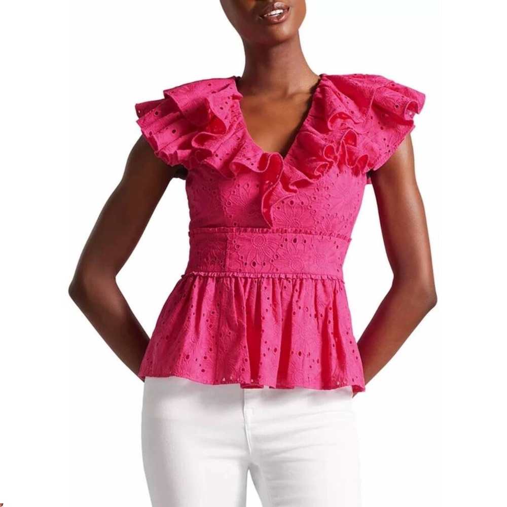 NWT Ted Baker Mazieh Broderie Eyelet Peplum Top Size 1 US 4 Ruffle Sleeve Pink - Picture 3 of 13